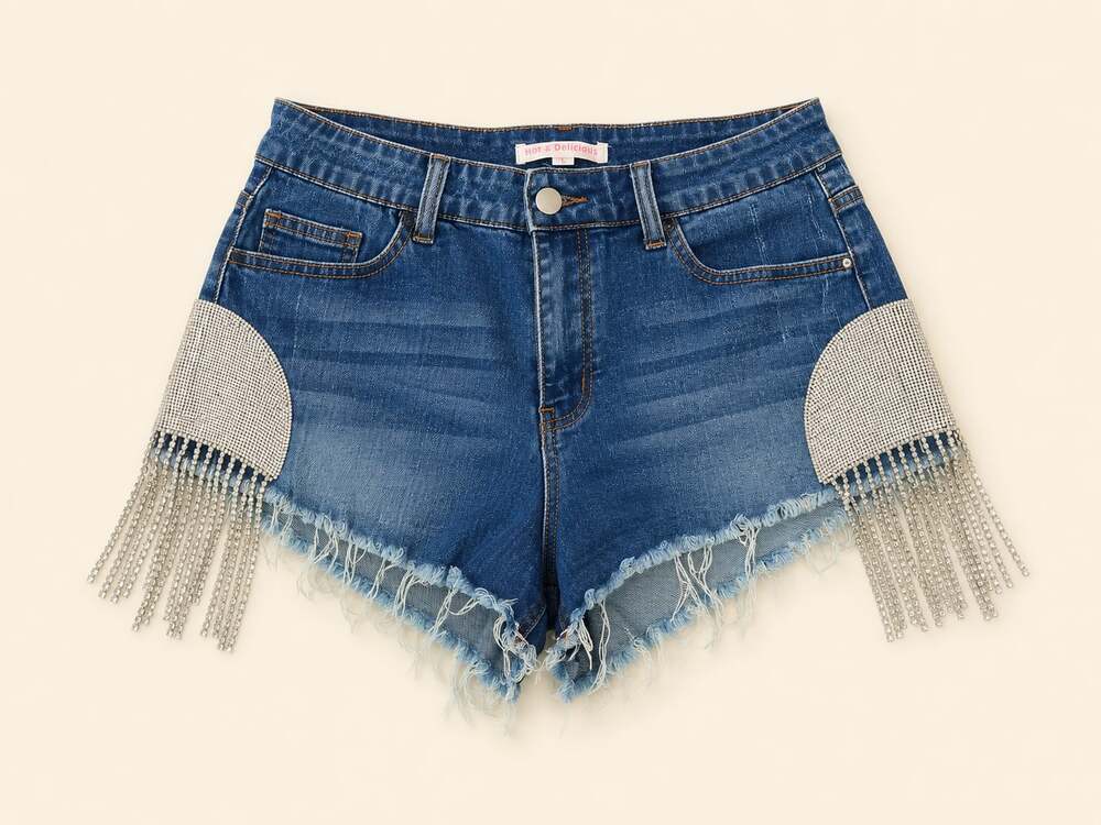 Hot & Delicious Rhinestone Fringe Denim Shorts Y2K Festival Size L
